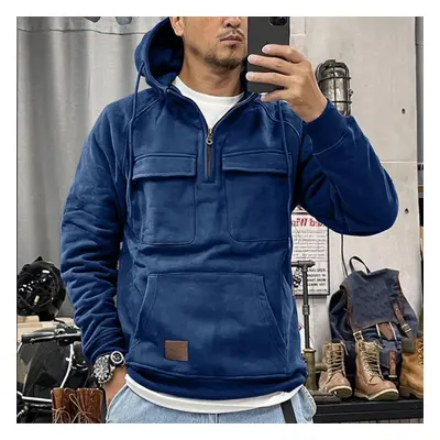 (blue, L) Men&apos;s Hooded Solid Color Sweater, European And American Youth Sports Multi Pocket