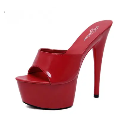 (red, 38) 15cm Heel 5cm Platform Leather Tuote Thin High Heels Sexy Black Platform Ultra-high Sa