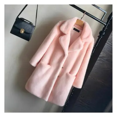 (pink, XL) Women Mink Faux Fur Coat Solid Female Turn Down Collar Winter Warm Fake Fur Lady Coat