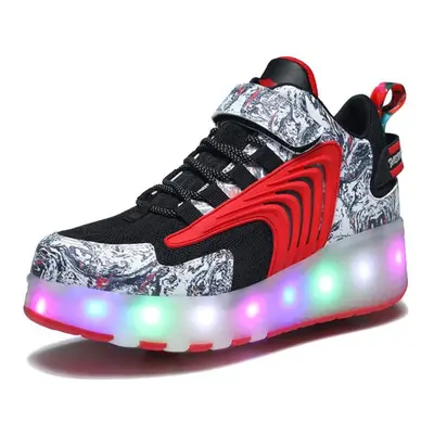 (black,red, 41) Led Rechargeable Kids Roller Skate Shoes With Double Wheel Shoes Sport Sneaker H