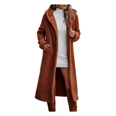 (brown, L) Women Winter Coat Thick Solid Color Hooded Hat Long Sleeve Keep Warm Woolen Mid-calf 