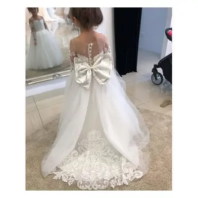 (white, 80cm) Cute Flower Girl Dresses For Wedding Big Bow Appliques Long Little Pageant Gowns G