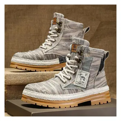 (beige, 39) Motorcycle Shoes Men Fashion High Top Shoes Chunky Ankle Boots For Men Casual Outdoo