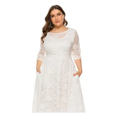 (white, XXL) Plus Size Xl-6xl New Fashion Popular Evening Dress Medium Length Hollow Lace Women 