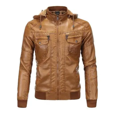 (yellow, S) Hooded Leather Jacket Men Winter Plus Velvet Thicken Leather Jacket Mens Soft Leathe