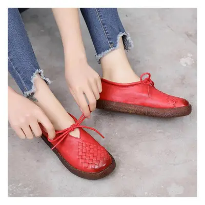 (red, 35) Retro Women Loafers Genuine Leather Flat Shoes Slip On Soft And Comfortable Lace Up Ca