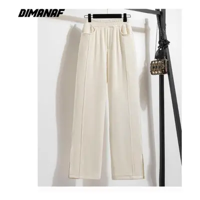 (beige, 4XL) Dimanaf Plus Size Winter Long Pants Women Elastic Solid Casual Loose Full Length Ba