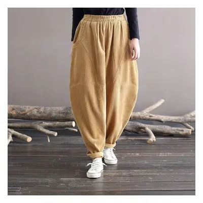 (khaki, One Size) Johnature Women Vintage Corduroy Casual Pants Washed Distressed Loose Autumn W