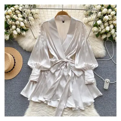 (apricot, S) V Neck Puff Sleeve Satin Lace-up Solid Color Dresses For Women French Chic Pleated 