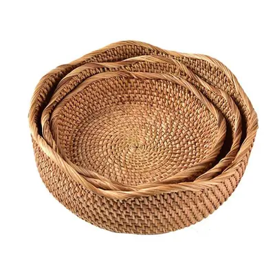 (S+M+L) Handwoven Round Rattan Storage Basket Picnic Storage Wicker Basket Storage Sundries Orga