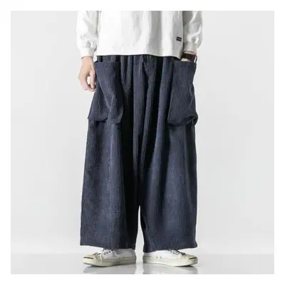 (navy blue, 4XL) Corduroy Cargo Pants Japanese Vintage Side Pockets Harem Pants Casual Streetwea