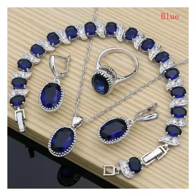 (blue, 8.5) Natural Silver Jewelry Red Birthstone Charm Jewelry Sets Women Earrings/pendant/neck