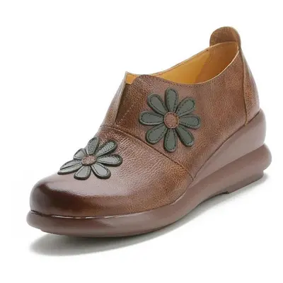 (brown, 39) Johnature Retro Genuine Leather Round Toe Pumps Ethnic Style Flower Women&apos;s Sof