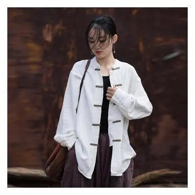 (white, One Size) Johnature Women Chinese Style Shirts Fold Spring Solid Color Blouses Button Lo