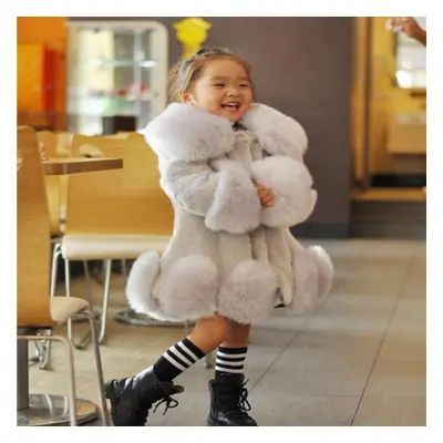 (grey, 120cm) Baby Girls Long Sleeve Winter Wedding Faux Fur Brand Fur Coat For Girls Formal Sof