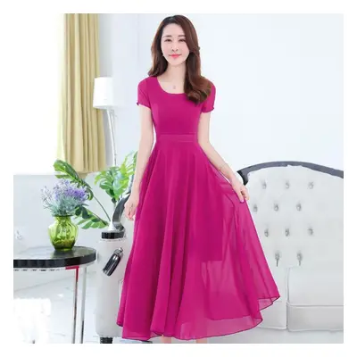 (rose red, 3XL) Chiffon Dress Women&apos;s Summer Large Size Medium Length Dress Short Sleeve Be