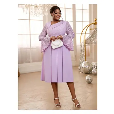 (lavender, 0XL) Aomei Lavender Lace Patchwork Dresses Women Slant Collar Flare Long Sleeve High 