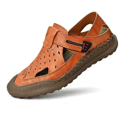 (light brown, 43) Men Genuine Leather Hand Stitching Breathable Casual Soft Sandals