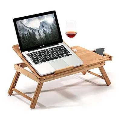 Folding Bamboo Laptop Table, Bed Table with Storage Drawer, Tray for PC Notebook, Bed Computer L