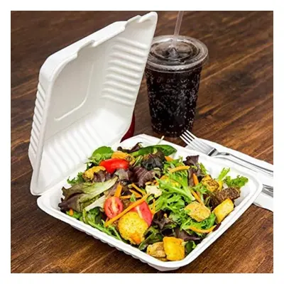 HOT BARGAINS X Inch Bagasse Meal Box Clamshell Takeaway Container Clean White Size (230x230x50mm