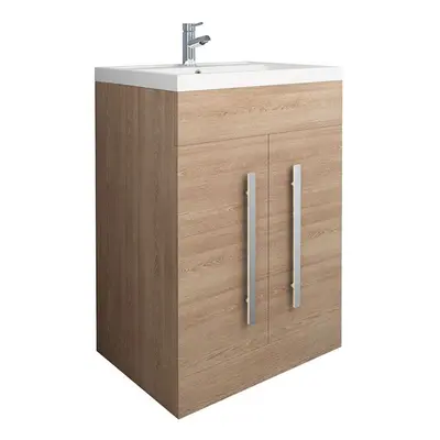 NRG Light Oak Bathroom Furniture Storage Cabinet Freestanding Vanity Unit & Basin - 600mm