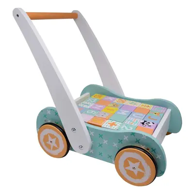 Wooden Baby Walker with Blocks - Wooden Push Along Trolley - and ABC Blocks