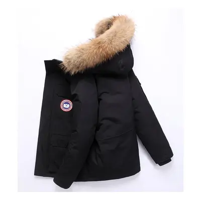 (black, L) Workwear down jacket men's hair collar hooded thickened warm white duck down men's ja