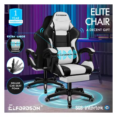 ELFORDSON Gaming Office Chair Massage Large Pillow Racing White