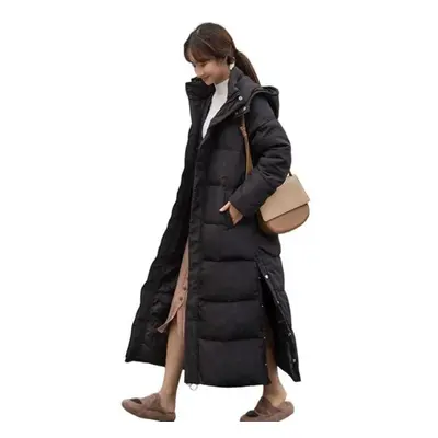 (black, XL) Women Cotton Coat Hooded Long Sleeve Pockets Side Slit Hem Down Jacket Solid Color P