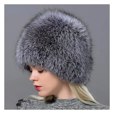 (as the picture) Winter Cap Fur Hat Women Fox Knit Beanie Hat Balaclava Lady Winter Snow Cap Lux