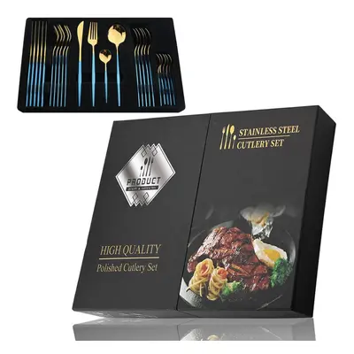 (blue,gold, 24pcs + box) 24pcs Black Handle Golden Cutlery Set Stainless Steel Knife Fork Spoon 