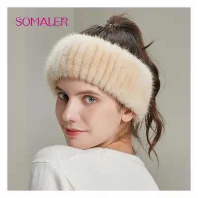 (beige) Somaler Winter Women&apos;s Mink Fur Headband Hand-sewn Fur Girl Headwear Fashion Female