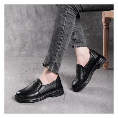 (black, 36) Johnature Genuine Leather Soft Sole Loafers Retro Anti Slip Round Toe Handmade Women