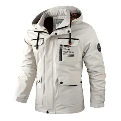 (white, 2XL) Men Zipper Buttons Placket Casual Windbreaker Jacket Lapel Hooded Long Sleeve Multi