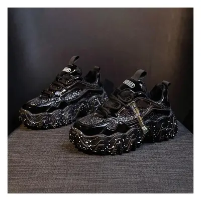 (black, 40) Tuinanle Reflective Chunky Sneakers Women Fashion Glitter Bling Vulcanized Shoes Wom