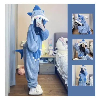 (S, blue) Cartoon Cute Shark Women&apos;s Hooded Sleepwear Pijama Jumpsuit Female Set Cute Chris