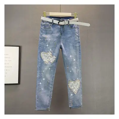 (blue, XXL) Autumn Summer Vintage Jeans American Style Diamond Small Leg Pencil Pants