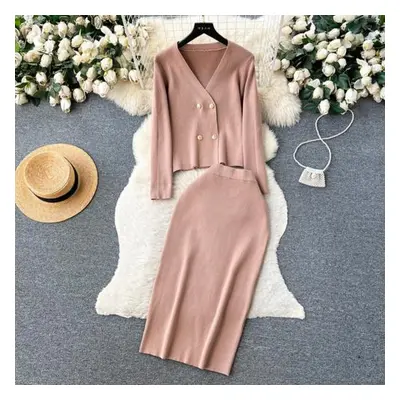 (khaki, One Size) Women Chic Elegant Elastic Bodycon Dress Sexy Long Sleeve Fashion Double Breas