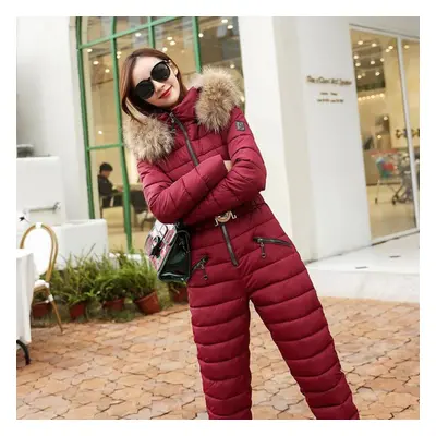 (wine red, XXL) Winter Conjoined Ski Suit Conjoined Cotton-padded Jacket Suit Down Cotton-padded