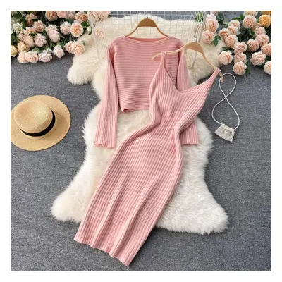 (pink, One Size) Women Autumn Winter Twist Crop Sweater Hip Dress Knit Set For Laides Solid Colo