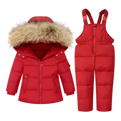 (red, 120(4-5T)) Years Kids Girls Boys Snow Wear Winter Hooded Puffer Jacket Outerwear And Bib P