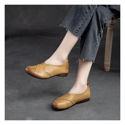 (yellow, 37) Johnature Retro Slip-on Shallow Women Shoes Soft Sole Casual Round Toe Loafers Genu