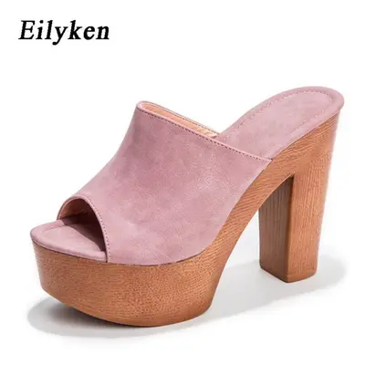 (pink, 43) Eilyken Fashion Wood Grain High Heels New Women Slippers Summer Roman Peep Toe Platfo