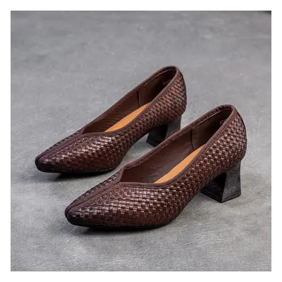 (dark brown, 38) Johnature Retro Handmade Woven Pointed Toe Pumps Genuine Leather Commuting Vers