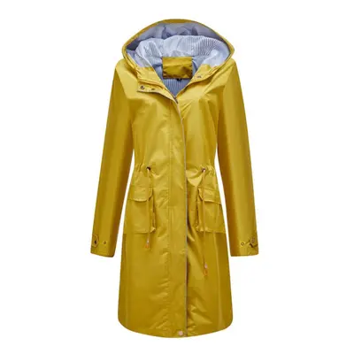 (yellow, M) Women&apos;s Windcheaters Hooded Long Loose Coat With Side Pocket Outdoor Light Rain