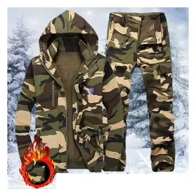 (camouflage, L) Men&apos;s Autumn Outdoor Set Winter Outdoor Hooded Fleece Thickening Suit Hoode