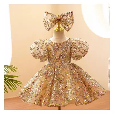 (gold, 80(12M-24M)) Children Evening Dresses For Girls 12 Years Kids Birthday Party Luxury Fluff