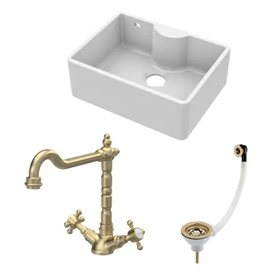 Fireclay Kitchen Bundle - Single Bowl Butler Sink with Overflow, Tap Ledge, Waste & Classic Tap,