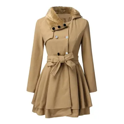 (tan, XXXXL) Women Wool Coat Dress Jacket Slim Windbreaker Sexy Long Woolen Trench Belted Pea Co