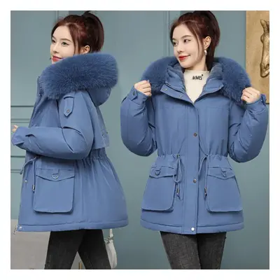 (blue, XXL) Women Autumn Winter Solid Color Long Sleeve Drawstring Fur Collar Pockect Warm Coat 